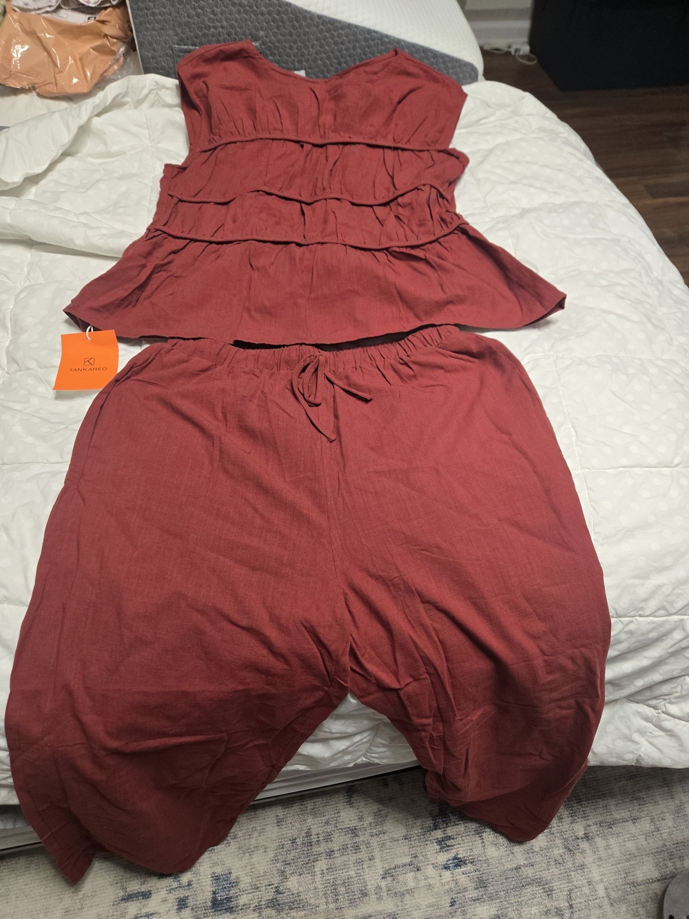 Ruffled Tank & Drawstring Pants Set - Burgundy
